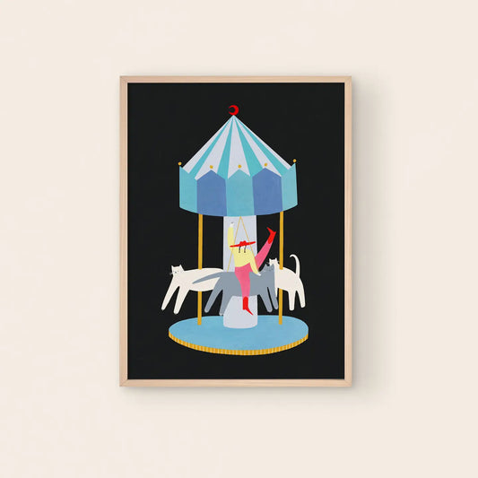 Little Black Cat Illustrated Goods Cat Carousel Print