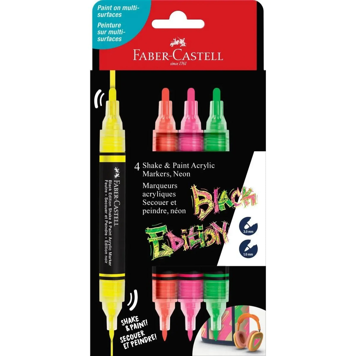 Faber-Castell Black Edition Shake & Paint 4 Neon Acrylic Markers