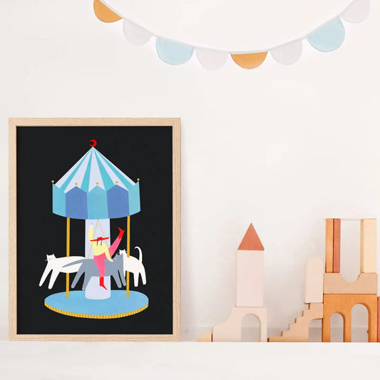 Little Black Cat Illustrated Goods Cat Carousel Print