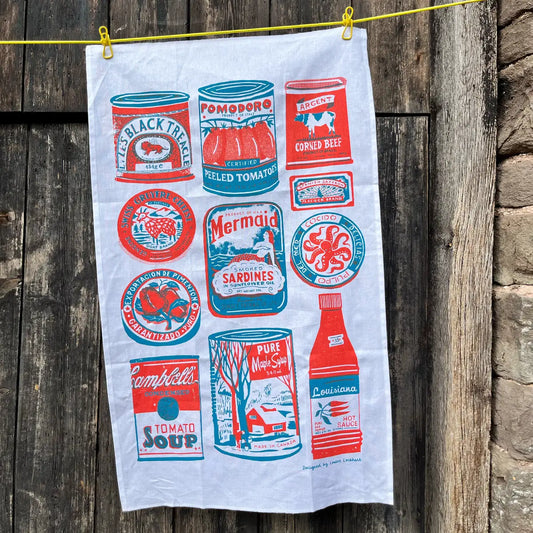 The Printed Peanut Tins Screen Printed Linen Tea Towel